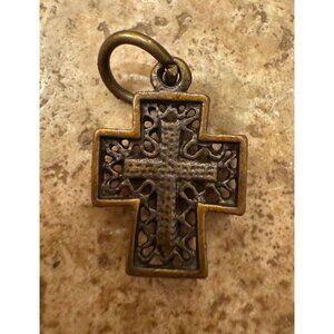 Vintage Brass Cross Pendant With Beaded Accent